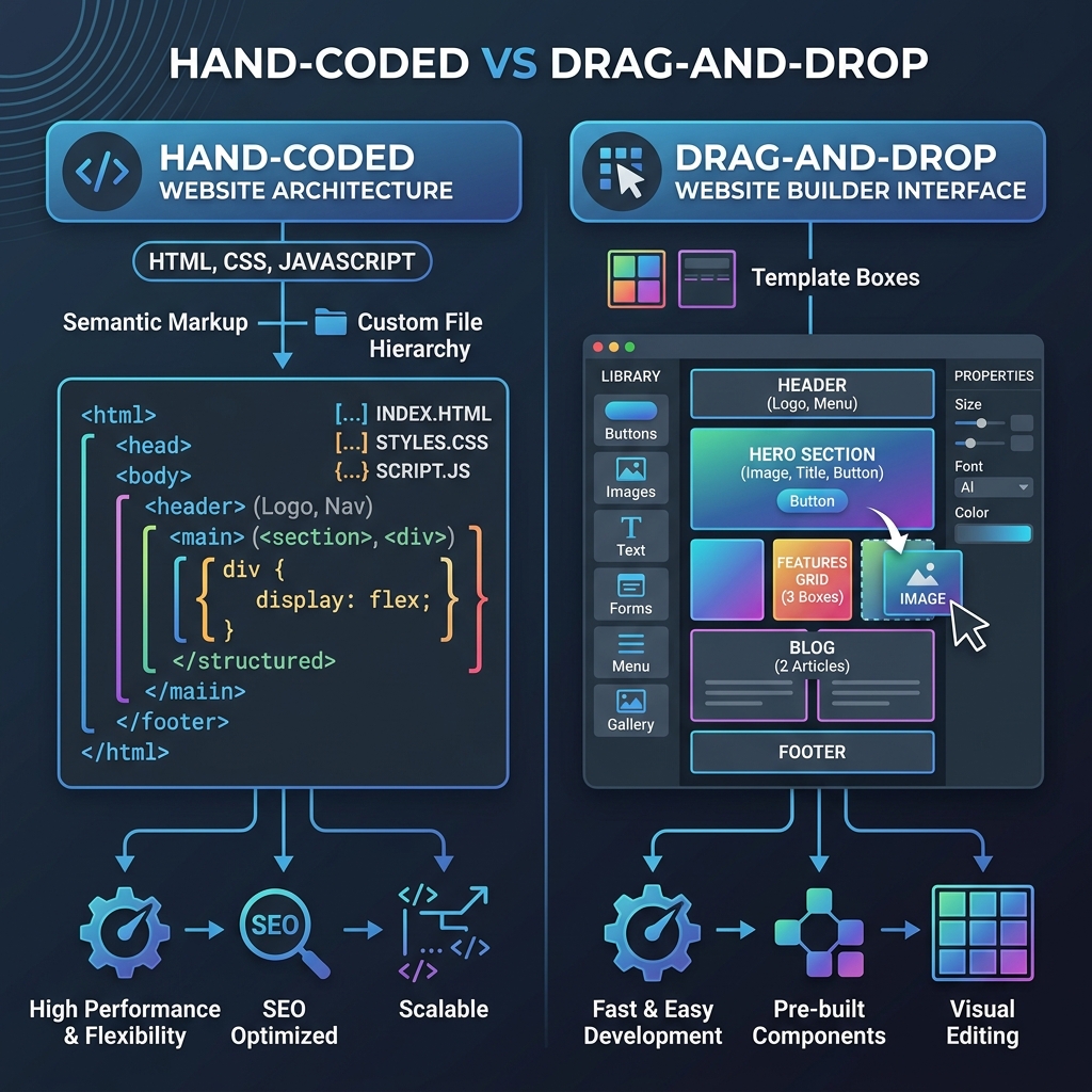 Custom Coded Website vs Visual Drag-and-Drop Website Builder