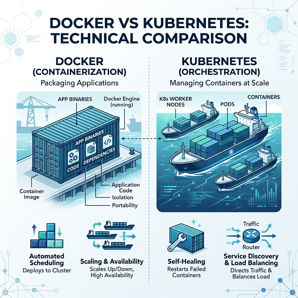 Docker Container Engine vs Kubernetes Orchestration Diagram