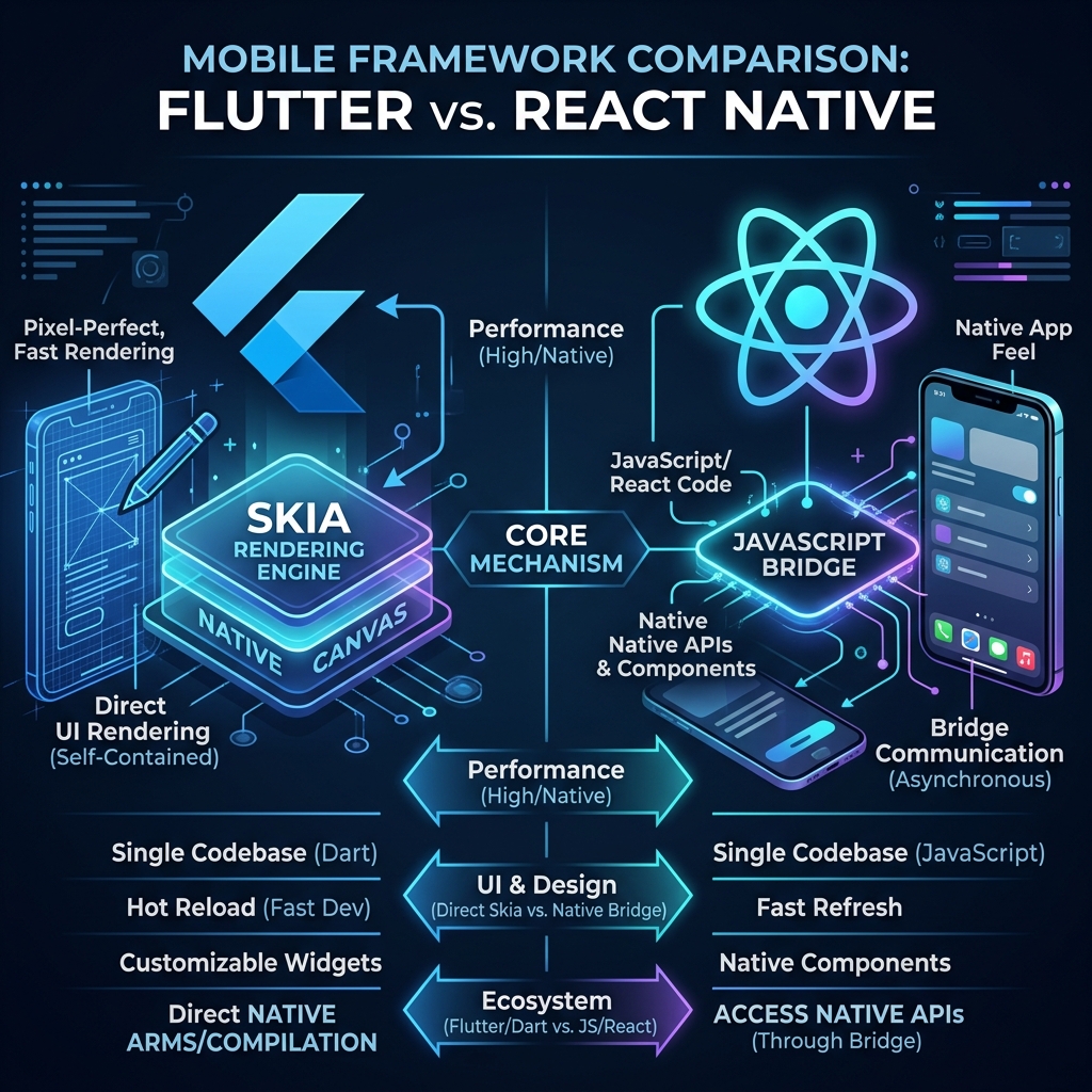 Flutter vs React Native Mobile Framework Comparison Graphic