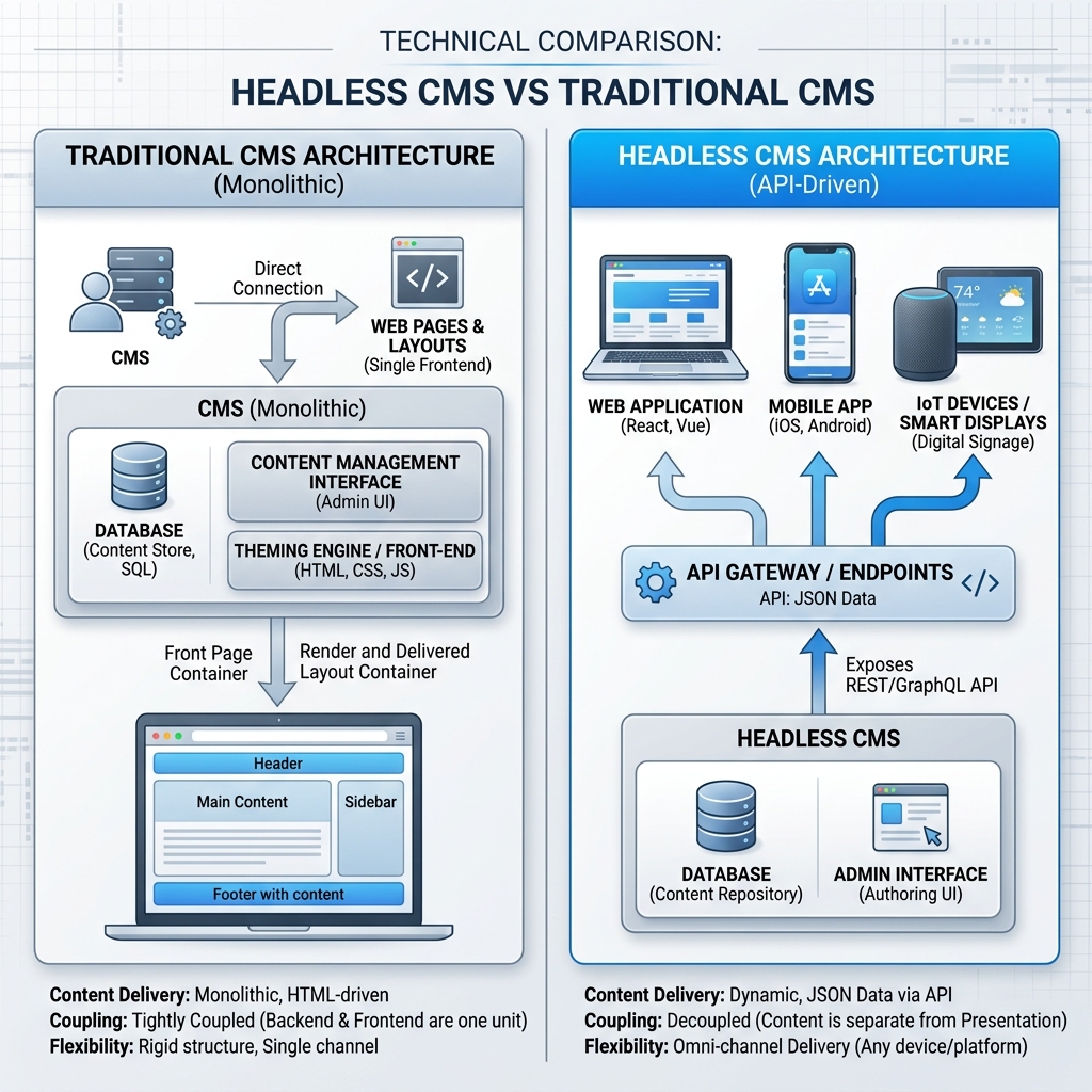 Headless API First CMS vs Monolithic Coupled Traditional CMS Diagram